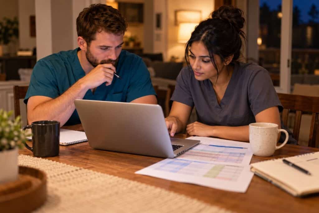 Two ICU nurses comparing Tennessee CRNA programs on a laptop at home