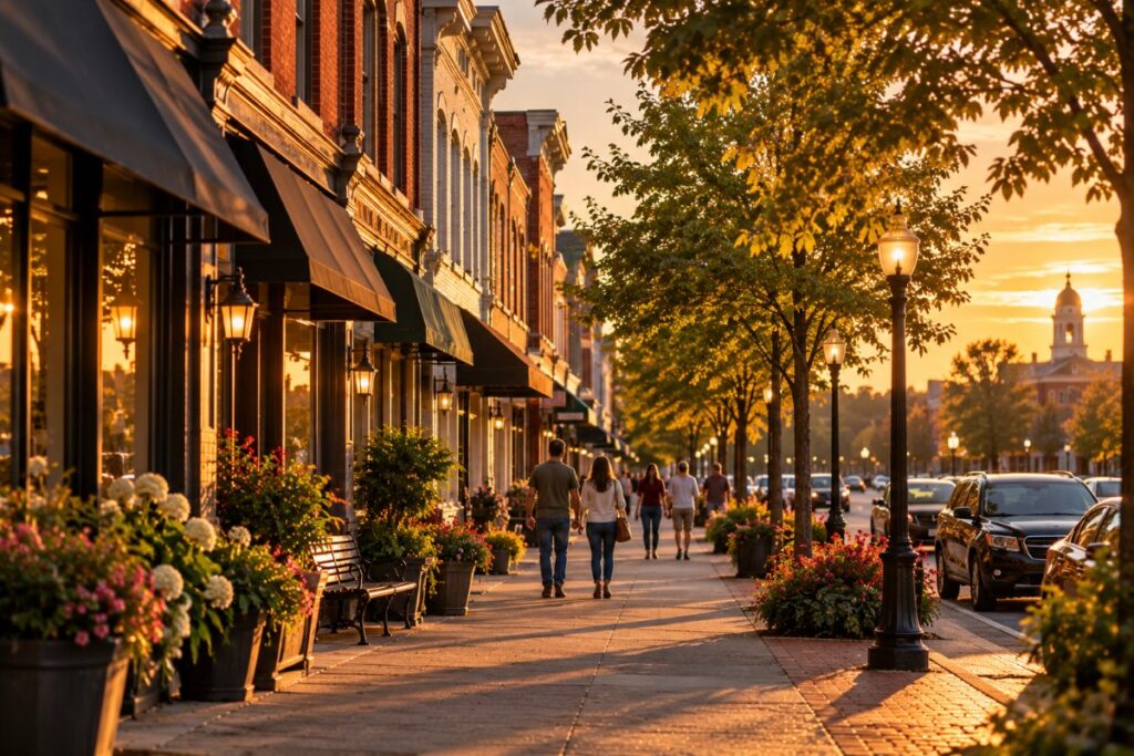 Historic brick storefronts and tree-lined sidewalk in a small West Tennessee downtown at sunset