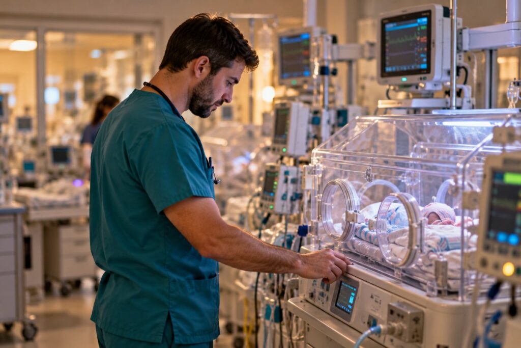 Male NICU nurse in teal scrubs adjusting settings on an infant incubator in a neonatal intensive care unit