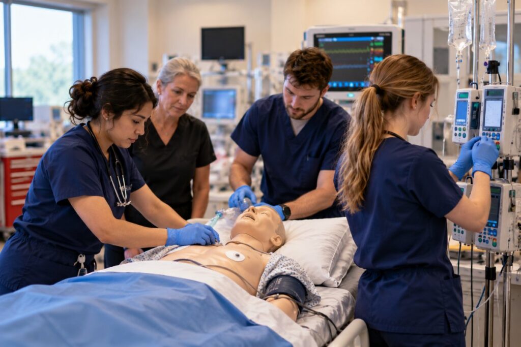 Graduate nursing students in navy scrubs practicing on a patient simulator manikin while an instructor observes in a hospital simulation lab