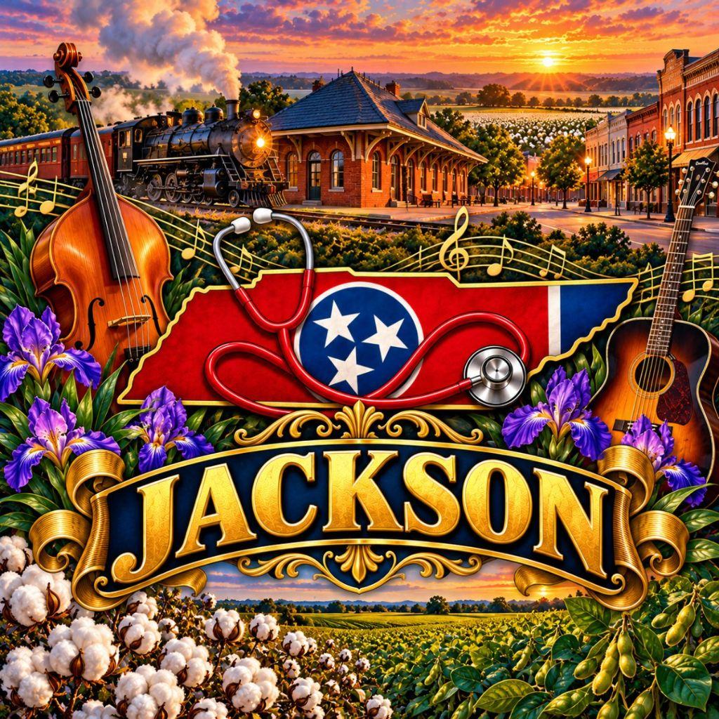 Illustrated Tennessee state outline with the state flag and a stethoscope, a vintage steam locomotive, brick depot, guitar, cotton and irises for Jackson, West Tennessee