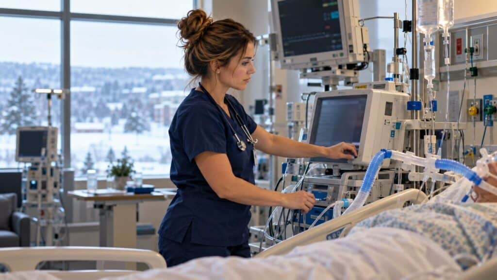 ICU nurse checking a mechanical ventilator at an adult patient bedside, the kind of critical care experience UPMC Hamot/Gannon CRNA applicants need