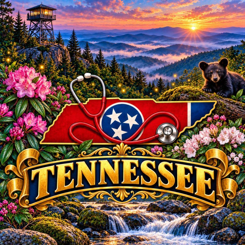 Illustrated Tennessee state outline with the state flag and a stethoscope in front of misty Great Smoky Mountains ridges, a fire tower, black bear cub and rhododendron