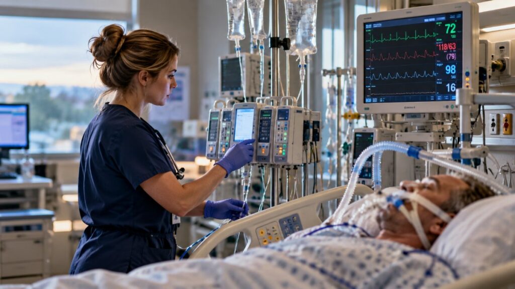 ICU nurse in navy scrubs adjusting an IV pump beside a ventilated adult patient