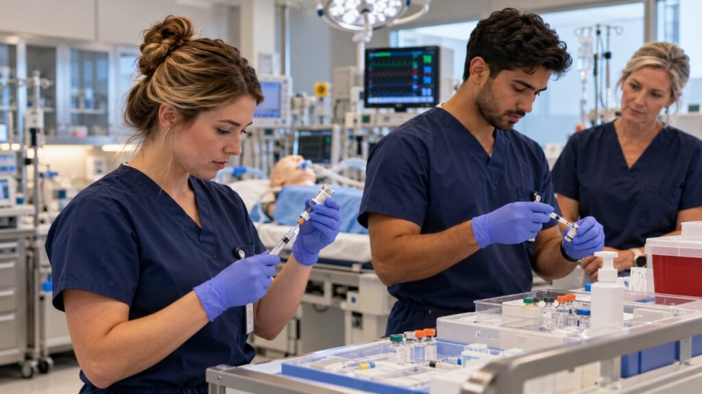 Nurse anesthesia students drawing up and labeling medications in a simulation lab