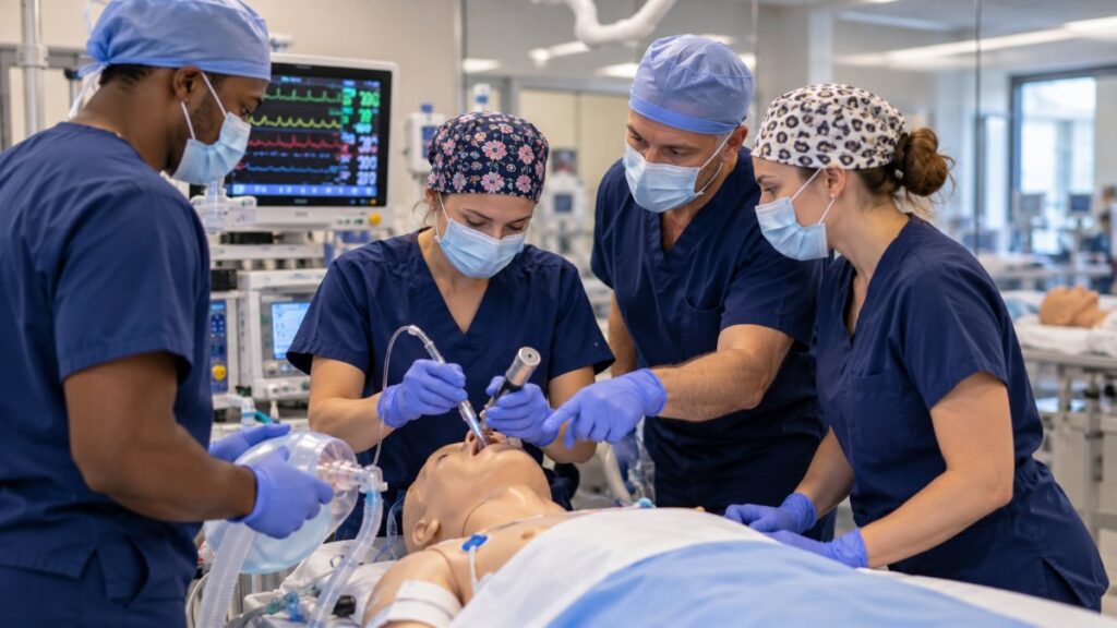 Nurse anesthesia students practicing airway management on a simulation manikin with an instructor