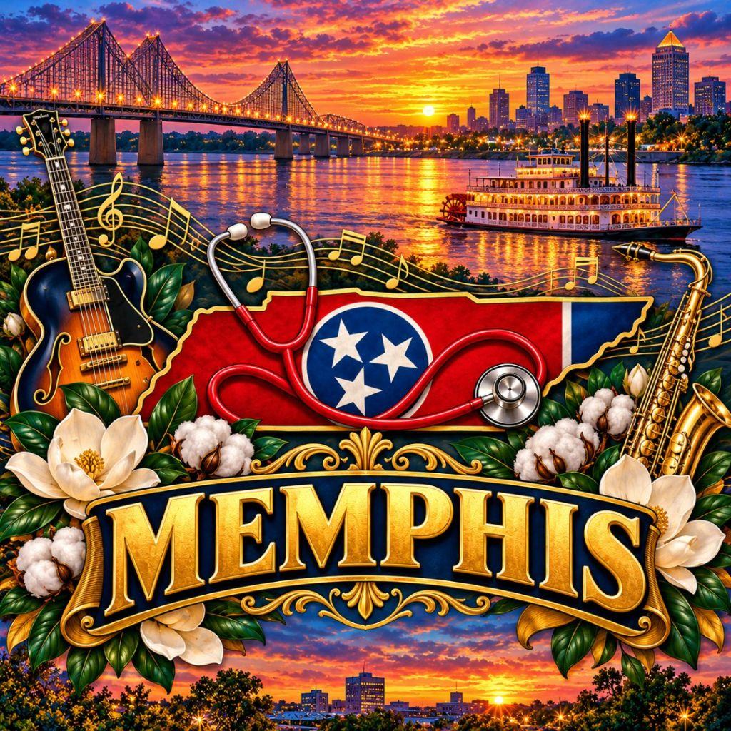 Illustrated Tennessee state outline with the state flag and a stethoscope, the Mississippi River bridge, a riverboat, blues guitar and saxophone for Memphis