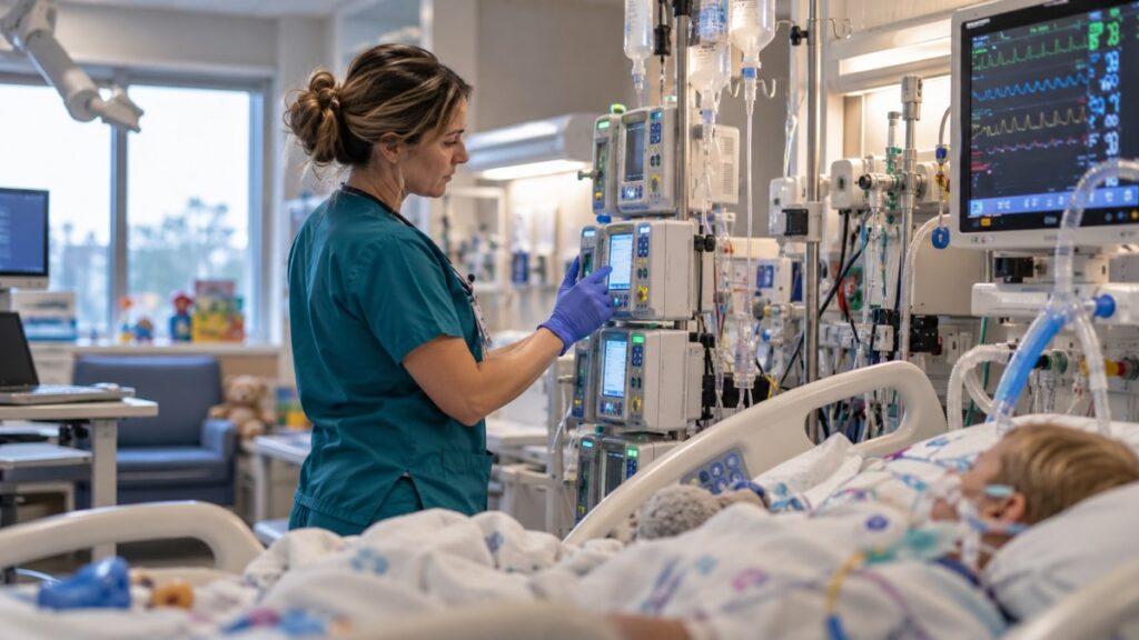 Pediatric ICU nurse checking an IV pump at a child's bedside