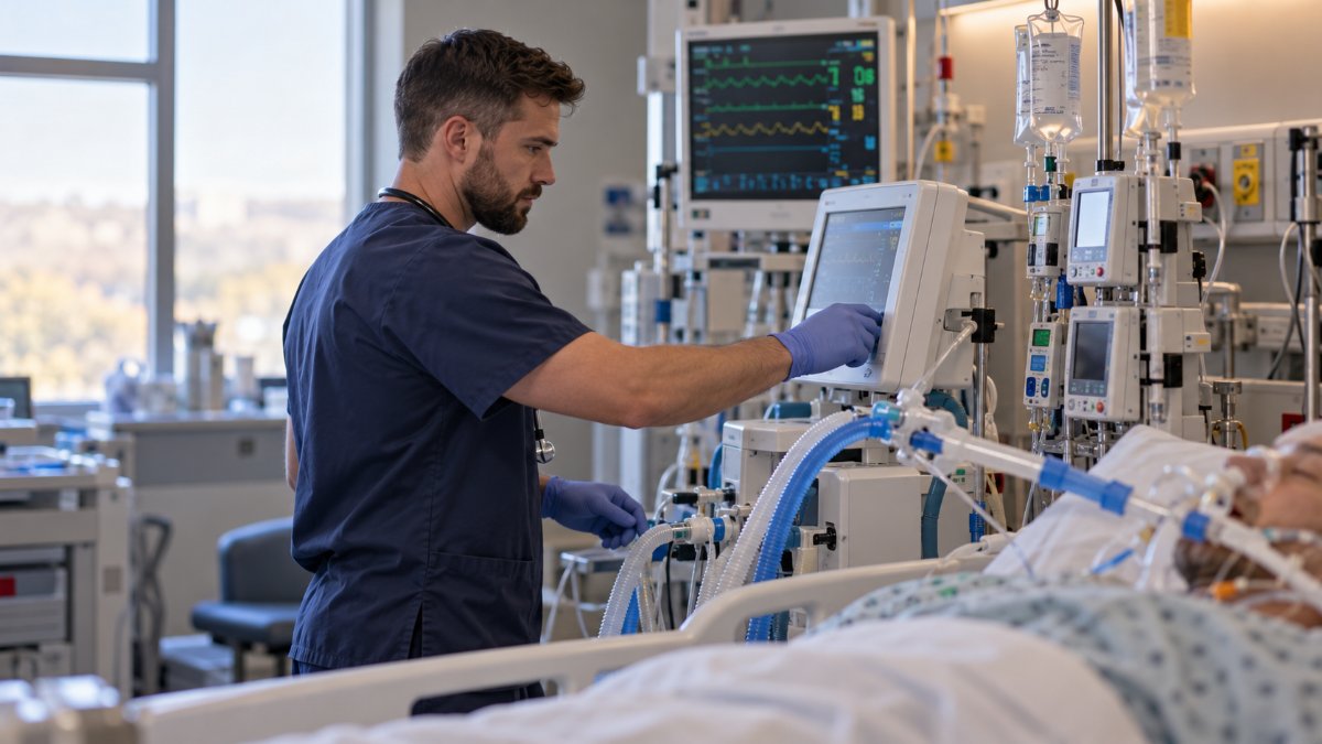ICU nurse adjusting ventilator settings at an adult patient bedside, the adult critical care experience UT Knoxville requires