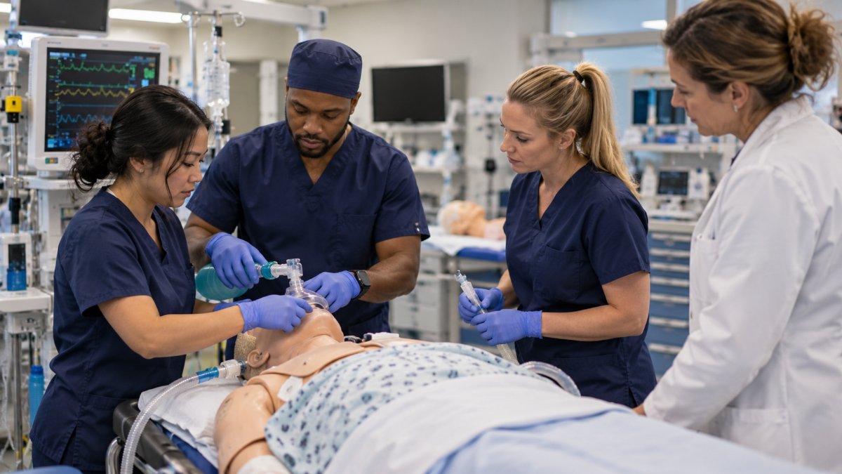 Small group of nurse anesthesia students practicing on a patient simulator with an instructor