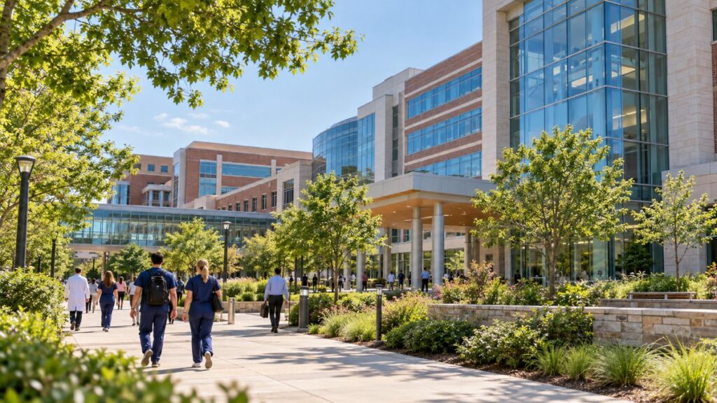 Tree-lined walkway through a modern academic medical center campus with staff in scrubs walking between buildings