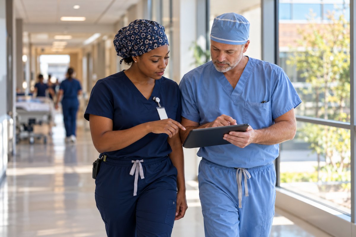 Nurse anesthesia student in navy scrubs reviewing a clinical rotation schedule on a tablet with her CRNA preceptor in a hospital corridor
