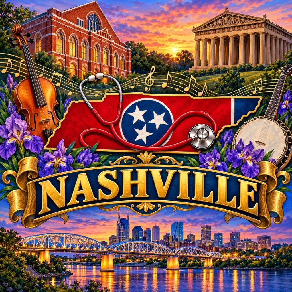 Illustrated Tennessee state outline with the state flag and a stethoscope, a fiddle and banjo, a brick concert hall, the Parthenon replica and the Cumberland River bridge for Nashville