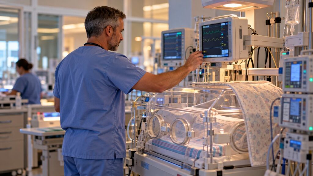 Male nurse in blue scrubs checking a bedside monitor next to a covered incubator in a neonatal intensive care unit