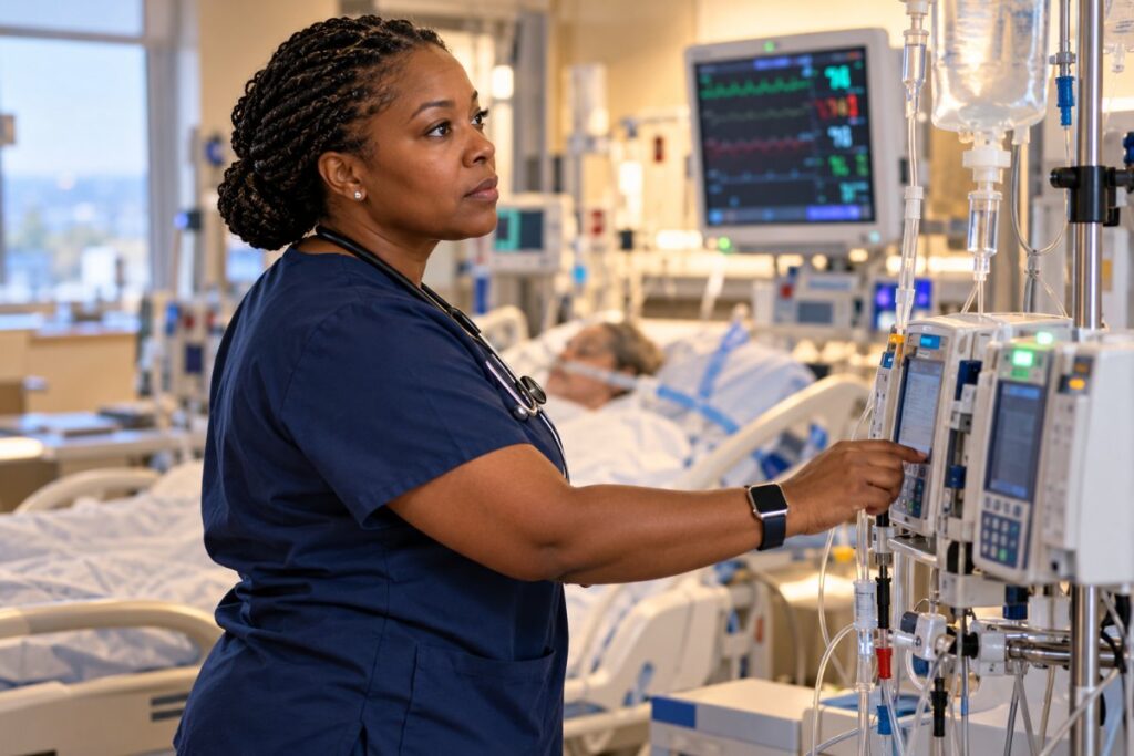Critical care nurse adjusting an IV infusion pump at an ICU bedside