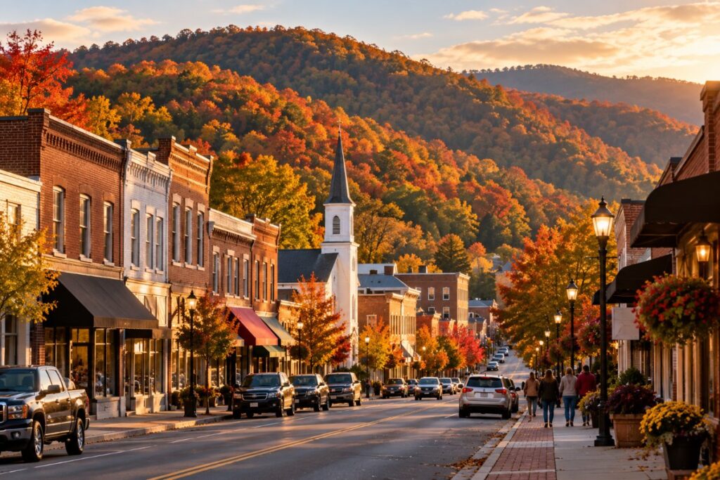 Small West Virginia mountain town main street with fall foliage on the hills