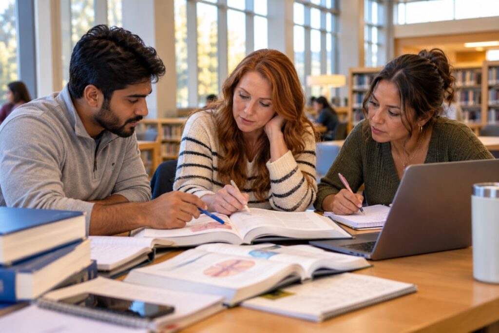 Three nurse anesthesia students studying pharmacology together in a library