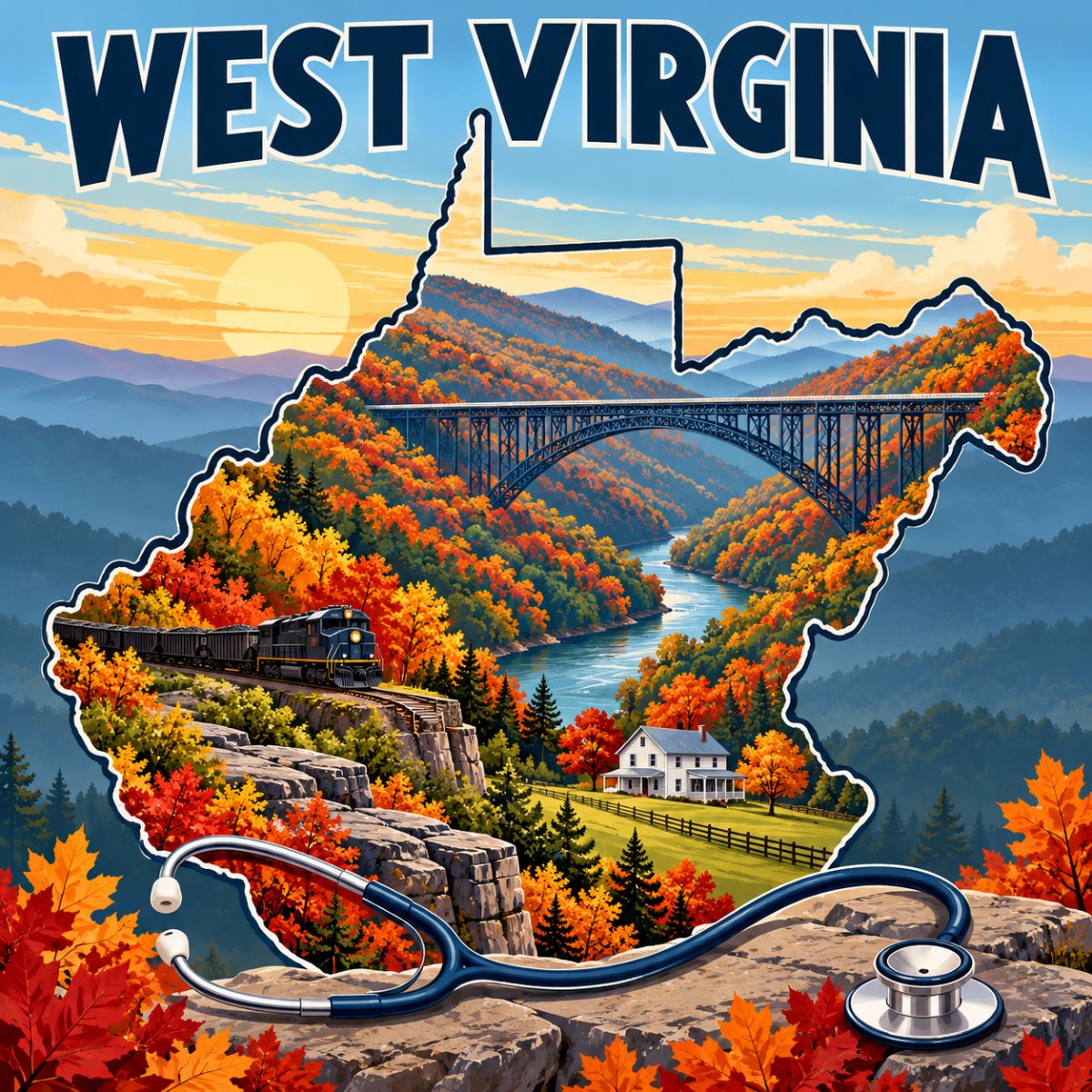 Illustrated West Virginia poster with autumn mountains, the New River Gorge Bridge, and a stethoscope