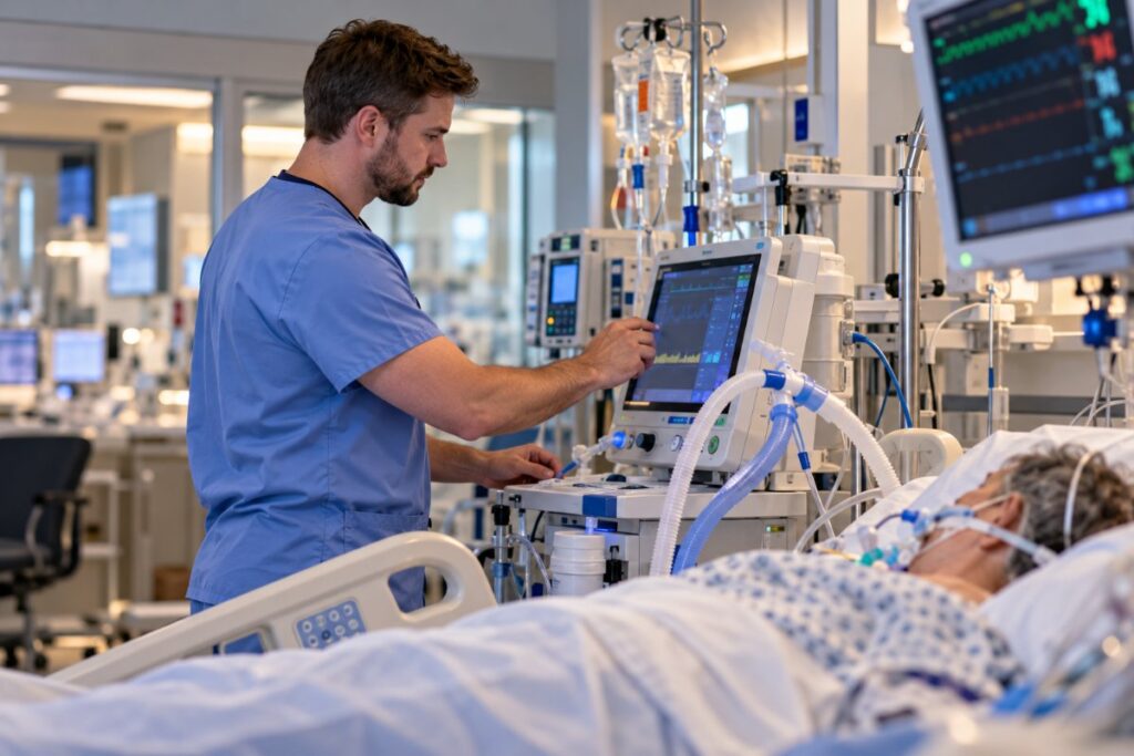 Critical care nurse checking ventilator settings at an adult ICU bedside