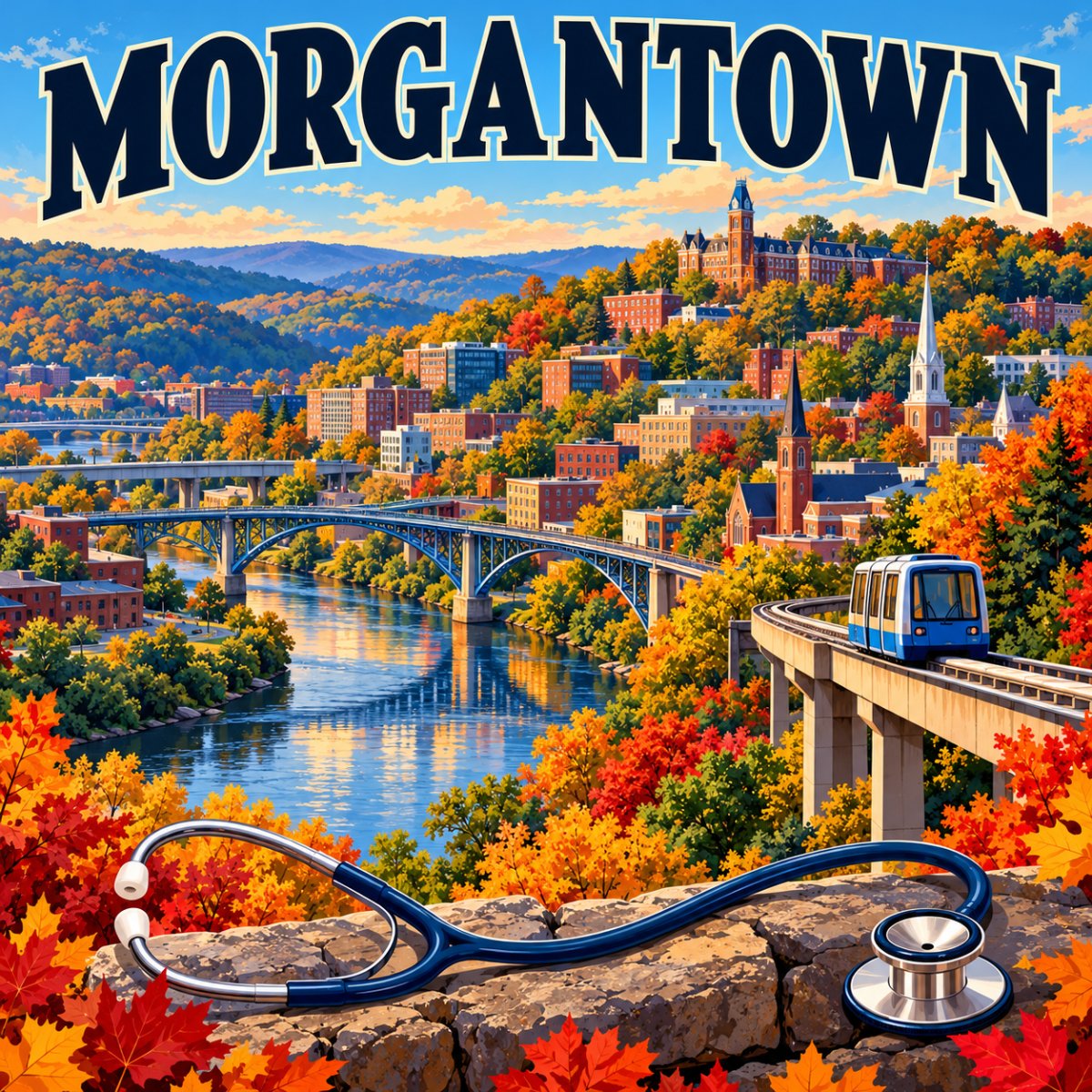 Illustrated Morgantown, West Virginia poster with the Monongahela River, autumn hills, and a stethoscope