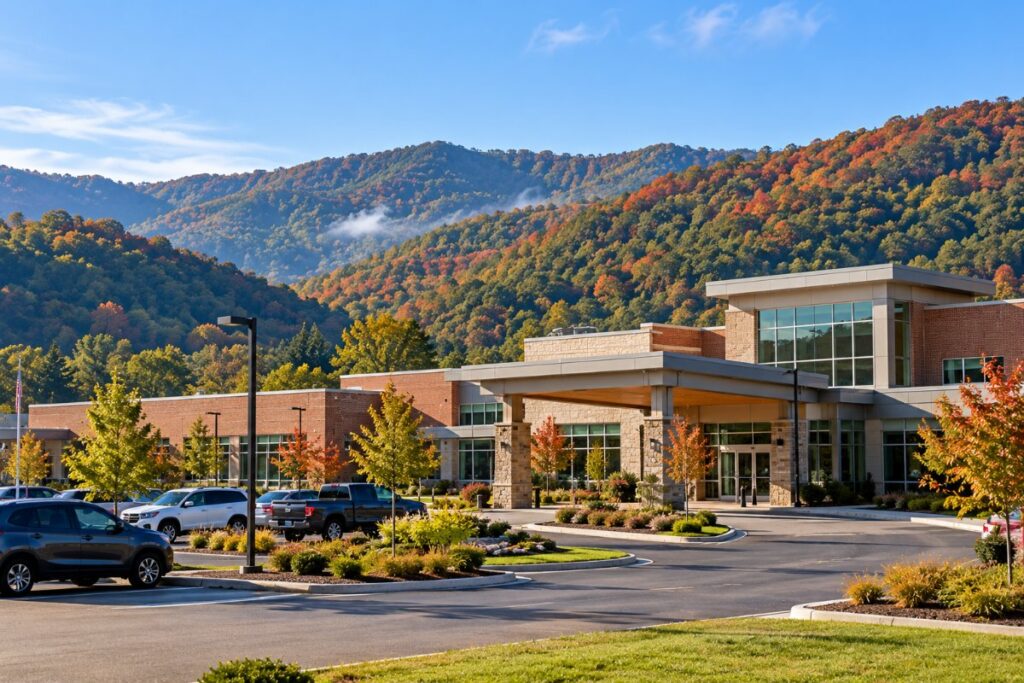 Small rural community hospital in a valley with Appalachian mountains behind it