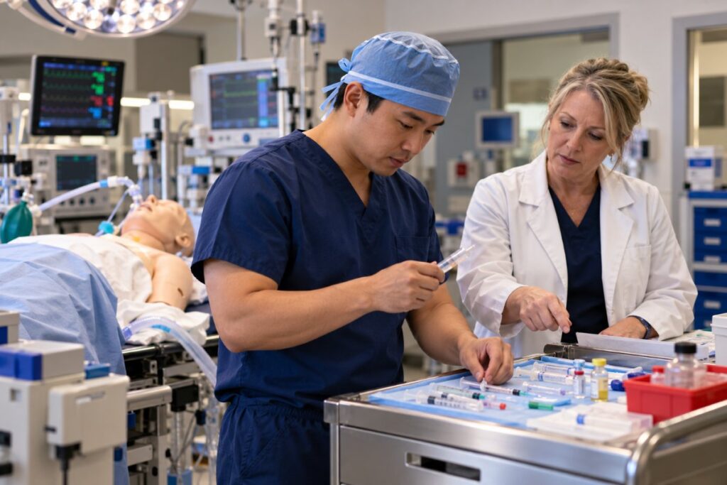 Nurse anesthesia student preparing syringes at an anesthesia cart while an instructor watches in a simulation lab