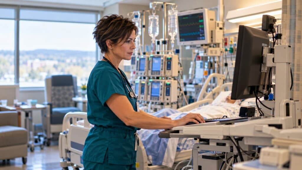ICU nurse documenting at a bedside computer in a community hospital ICU, the critical care experience York/WellSpan CRNA applicants need