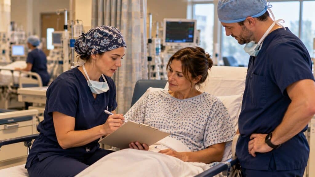 Nurse anesthesia student reviewing a consent form with a patient in a pre-operative bay while a CRNA preceptor looks on